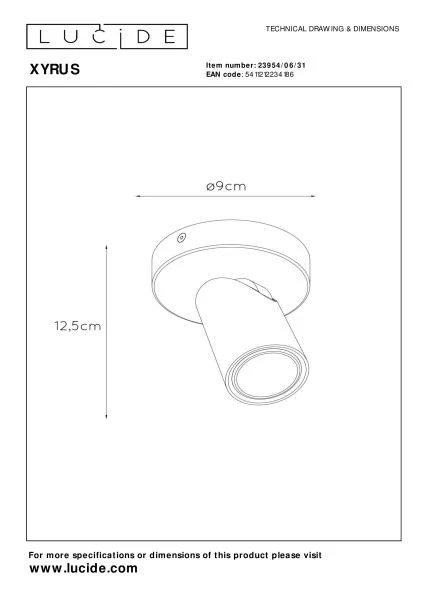 Lucide XYRUS - Spot plafond - Ø 9 cm - LED Dim to warm - GU10 - 1x5W 2200K/3000K - Blanc - technique